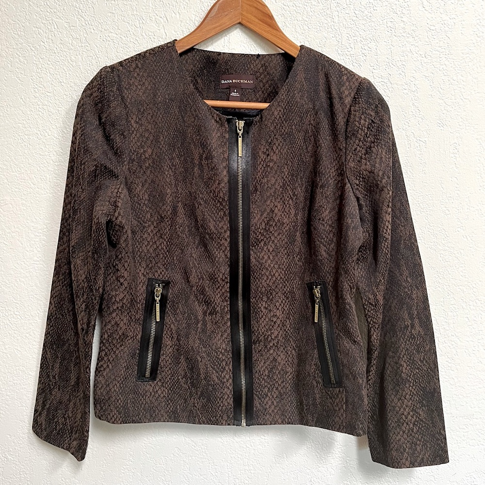 Dana Buchman Brown Snake Skin Patterned Zip Jacket Sz 6